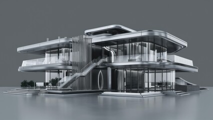 Poster - 3D Rendering of Architectural House Design on Gray Background