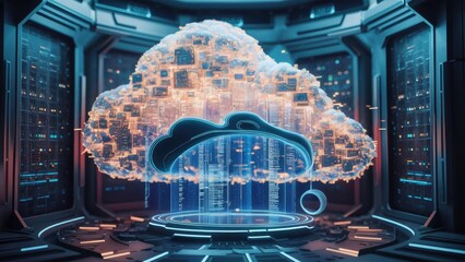 Poster - 3D Illustration of Cloud Storage with Computer Microchips