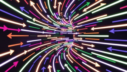 Wall Mural - Neon light tunnel with vibrant rainbow arrows converging at the center