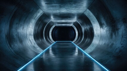 Poster - Futuristic Modern SciFi Concrete Corridor with Grunge Textures and Dark Spaces 3D Rendered Illustration with Blue Glow and Reflection Effects