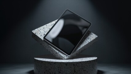 Poster - Modern digital tablet on a terrazzo pedestal with blank screen showcasing contemporary device design against a dark backdrop 3D rendering