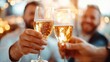 © Pinklife - A close-up of two individuals clinking champagne glasses in a celebratory toast, capturing the joy and festivity of a social event with sparkling decorations.