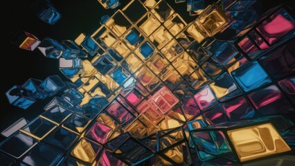 Poster - Vibrant Multicolored Transparent and Opaque Cubes Against Dark Background