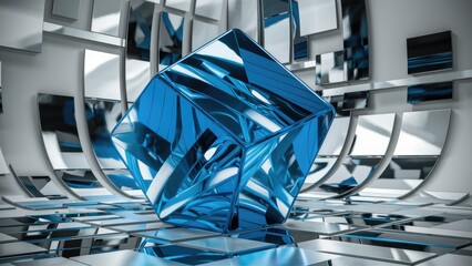 Poster - elegant modern 3d rendering of blue glass cube with refraction and reflection shapes abstract backgr