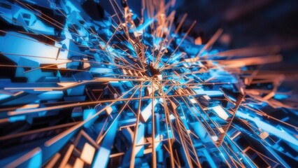 Poster - Abstract digital plexus background in blue and gold tones Intricate network of lines points and triangles representing engineering and scientific visualization concepts in business