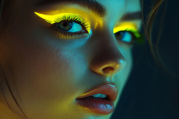 close up of young woman face with neon eye and lip makeup