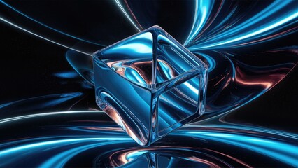 Poster - elegant modern 3d rendering of blue glass cube with refraction and reflection shapes abstract backgr