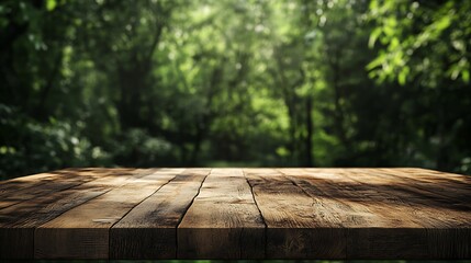 Poster - 3d rendering of a rustic wooden table against a dark green forest backdrop
