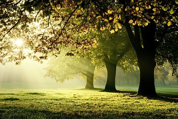 Poster - Autumn Park Landscape at Sunrise With Sun Rays Breaking Through Tree Leaves