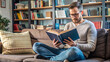 © OlgaNeuroArt - Man in Sweater Reading a Book on a Sofa at Home
