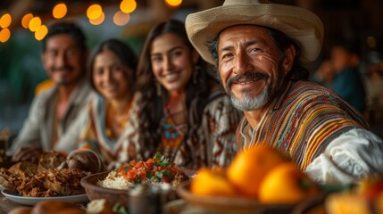 Hispanic Heritage Month . A warm and inviting scene of a Hispanic family gathered around a table for a traditional meal, their faces reflecting the joy of togetherness and shared heritage