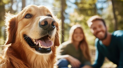 a cheerful golden retriever is captured in the forefront while a couple in casual attire is blurred 