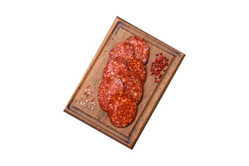 Wall Mural - Delicious smoked pepperoni sausage sliced with salt, spices and herbs