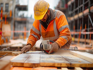 Wall Mural - A man in a yellow hard hat and orange safety vest is using a power tool to cut wood