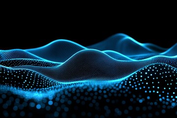 Poster - Flowing particles of abstract wave motion with dots in a hi-tech and big data background design.