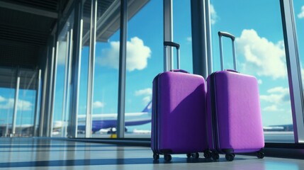  render of two purple travel suitcases in airport terminal, beautiful blue sky outside the window and airplane on ground visible through large windows