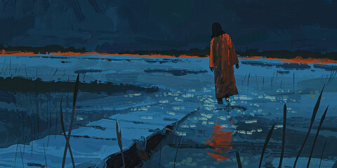 Poster - Jesus walks on water. Digital oil painting illustration 