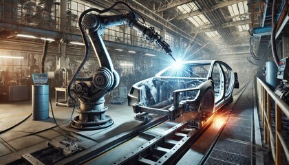 Wall Mural - Automated Precision: A robotic arm wields a welding torch, sparks flying as it assembles a car frame on a modern factory floor, showcasing the future of manufacturing. 