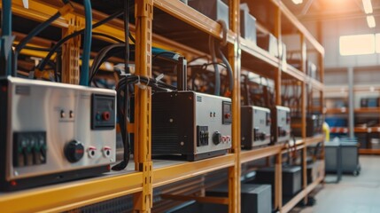 Poster - A row of electrical equipment is on a shelf