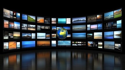 Poster - Multiple screens showcase news, entertainment, and technology content set against a visually striking blue gradient backdrop