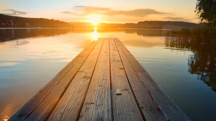 Wall Mural - Tranquil sunrise over serene lake from wooden pier