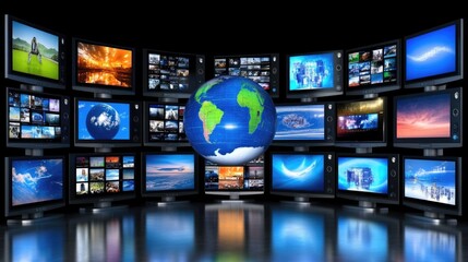 Poster - Multiple screens showcase news, entertainment, and technology content set against a visually striking blue gradient backdrop