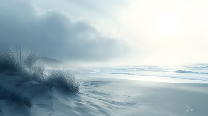 Morning Beach with Fog and Soft Light - An illustration of a beach in the early morning, with a light fog rolling in and soft light illuminating the sand and waves