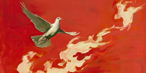 Sticker - Holy spirit, Dove in flames. Digital painting of a dove flying in the air on a red fire background.