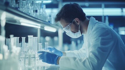 Poster - scientist conducting research in a laboratory with glassware under bright lighting