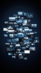 Poster - Multiple screens showcase a variety of digital media content against a dark blue backdrop, featuring an earth globe and a central space for text