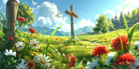 Sticker - Cross in a meadow with copy space. Christianity. 