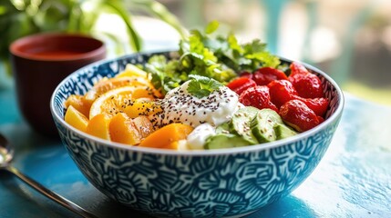 Wall Mural - Close-up of a colorful breakfast bowl on a table, brimming with fresh ingredients, ideal for promoting healthy eating and morning routines.