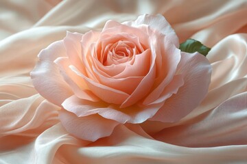 delicate pink rose blossom nestled on soft folds of blush silk fabric romantic still life