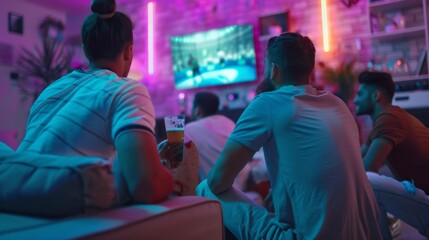 Poster - A group of people are watching a TV show while holding drinks