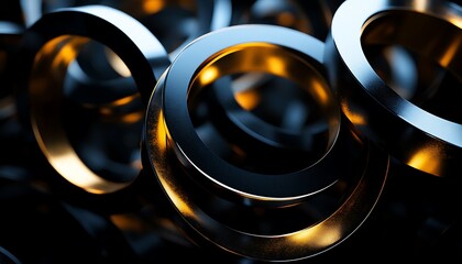 Poster - 3D Illustration of Black and Gold Interlocking Rings Floating in a Void