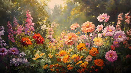 Wall Mural - Radiant Garden Filled with Blooming Flowers - An oil painting illustration of a radiant garden bursting with colorful flowers in full bloom, with dappled sunlight enhancing the scene