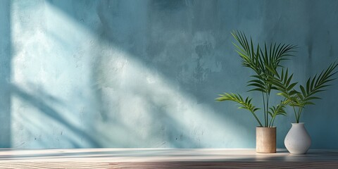 Two tropical plants placed on a wooden surface, with sunlight casting gentle shadows on the textured blue wall behind them.