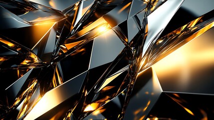 Poster - 3D Illustration of Black and Gold Angular Shapes Intersecting with Sharp Reflections
