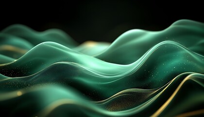 Poster - 3D Illustration of Light Green Waves with Gold Highlights on a Black Backdrop