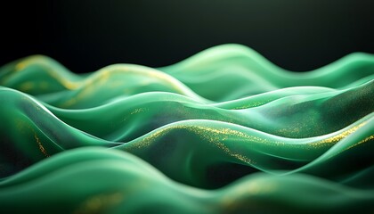 Poster - 3D Illustration of Light Green Waves with Gold Highlights on a Black Backdrop