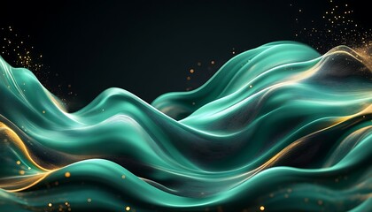 Poster - 3D Illustration of Light Green Waves with Gold Highlights on a Black Backdrop