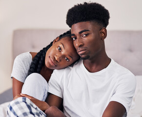 Poster - Portrait, black couple and relax with love in bedroom of hotel for weekend getaway, romantic connection and bonding. Man, woman and together in motel for dating anniversary, embrace and commitment.