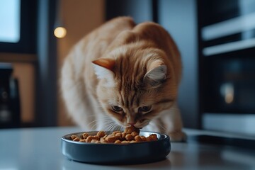 Wall Mural - cat eating dry food from a bowl on home room interior background, feeding pet
