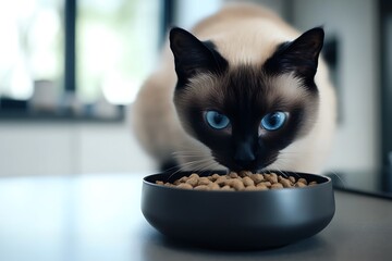 Wall Mural - cat eating dry food from a bowl on home room interior background, feeding pet
