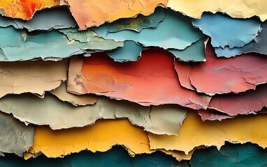 Aufkleber - background of torn paper edges with layered colored papers creating a collage effect