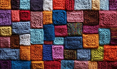 Aufkleber - background of crochet squares with multicolored yarns in a patchwork arrangement