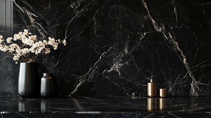 Poster - Black marble background, Black Portoro marble wallpaper and countertops, Black marble floor and wall tiles, Black Travertino marble texture, Natural granite, gives a luxurious and expensive feeling.