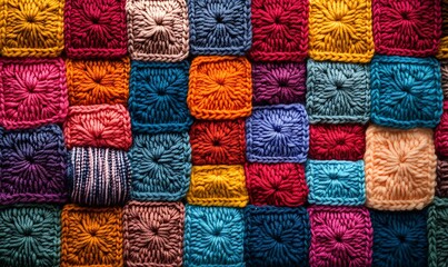 Aufkleber - background of crochet squares with multicolored yarns in a patchwork arrangement