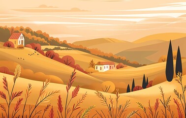 Wall Mural - flat vector illustration of autumn landscape with farm and houses, hills, trees, simple design