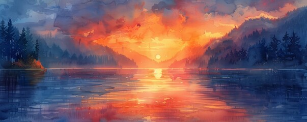 Wall Mural - Abstract twilight over a serene lake in watercolor.